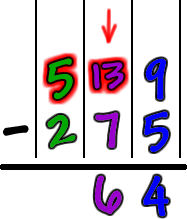 Work for 639-275...  Subtracting the tens