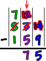 Work for 834-159... Subtracting the tens